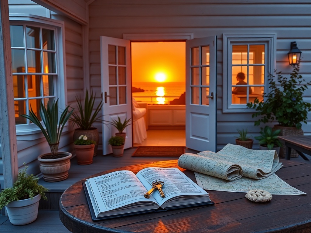 "Cozy coastal vacation home" "sunset glow reflecting on windows" "open welcome porch with potted plants" "key and guestbook on rustic table" "map and compass hinting investment" "calm, inviting atmosphere"