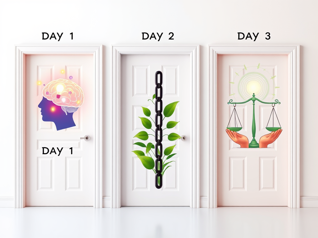 "three symbolic doors labeled Day 1, Day 2, Day 3" "Day 1 shows glowing brain with lightbulbs and calm aura" "Day 2 features breaking chains and growing green plants" "Day 3 depicts hands meditating with flowing energy and balanced scales" "soft pastel co