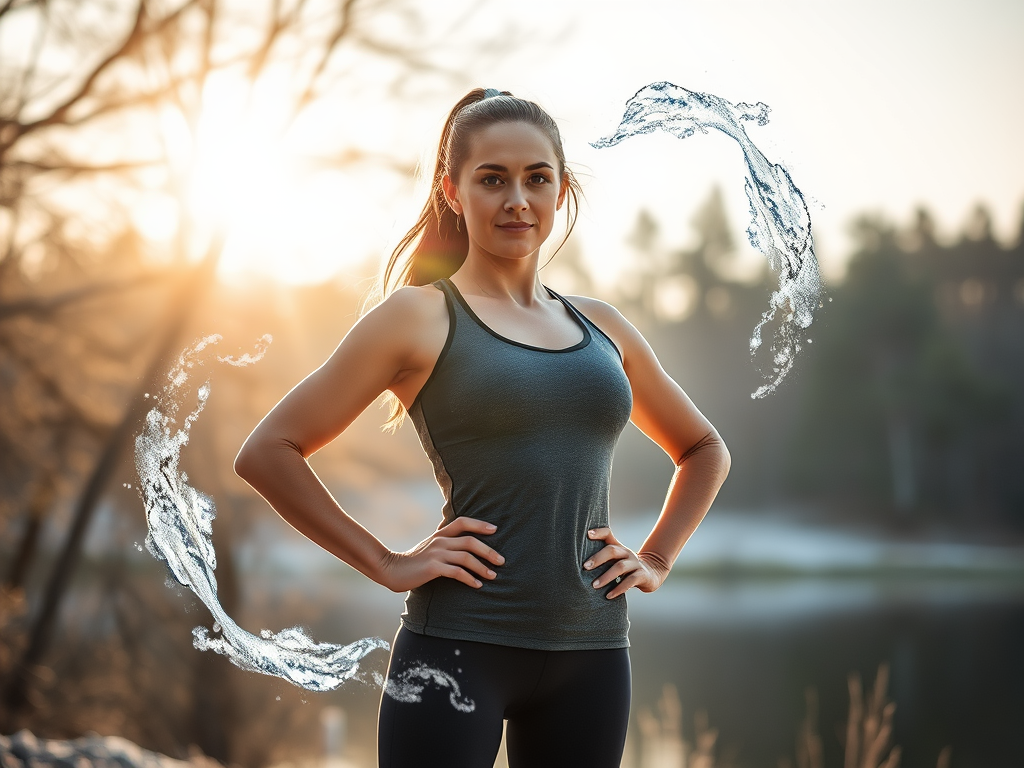 "a strong woman standing confidently outdoors" "morning sunlight casting soft warm light" "elements representing cold training like ice or frost" "symbols of breath and energy swirling around her" "calm natural background with trees and water" "sense of b