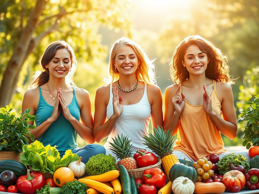 "three vibrant women" "engaged in healthy activities" "surrounded by fresh fruits and vegetables" "peaceful nature background" "glowing sunlight" "calm expressions" "symbols of balance and energy"