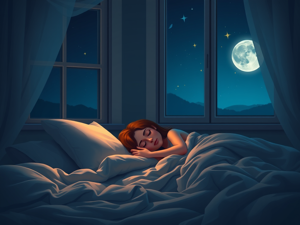"peaceful woman sleeping" "soft glowing moonlight through window" "calm bedroom with cozy bedding" "gentle night scene with stars"