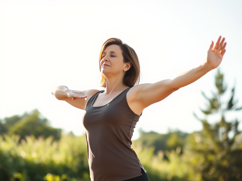 A serene woman in mid-30s practicing gentle stretching outdoors, surrounded by soft sunlight, natural greenery, and a calm blue sky.