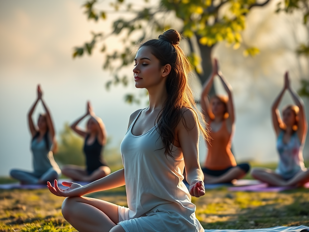 "a serene woman meditating in soft morning light" "calm nature background with gentle fog" "yoga poses sequence outdoors" "diverse group practicing dynamic yoga" "focus on breath and energy flow" "ethereal glowing aura around participants"