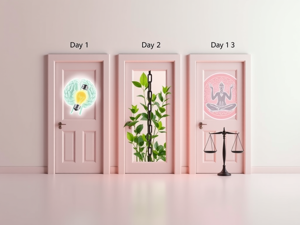 "three symbolic doors labeled Day 1, Day 2, Day 3" "Day 1 shows glowing brain with lightbulbs and calm aura" "Day 2 features breaking chains and growing green plants" "Day 3 depicts hands meditating with flowing energy and balanced scales" "soft pastel co