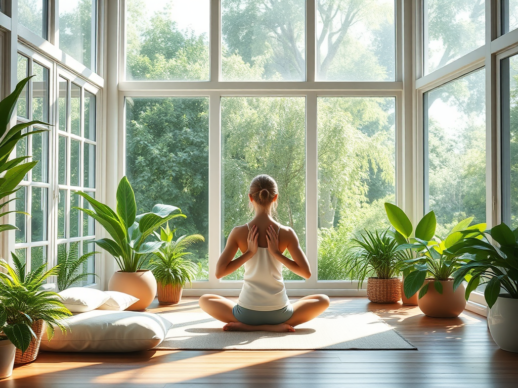 "serene natural living space" with "bright sunlight streaming through large windows," "fresh green plants," "soft cushions on wooden floor," "gentle yoga poses outdoors," and "calm energy flowing as glowing light streams around a meditating person."
