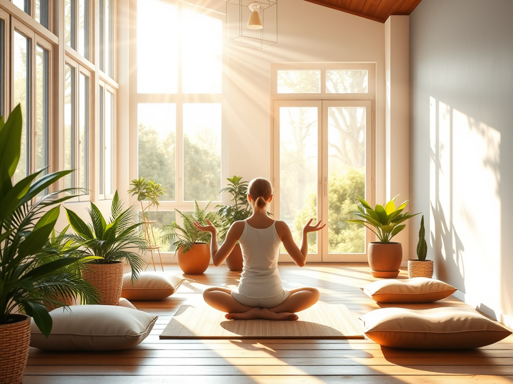 "serene natural living space" with "bright sunlight streaming through large windows," "fresh green plants," "soft cushions on wooden floor," "gentle yoga poses outdoors," and "calm energy flowing as glowing light streams around a meditating person."