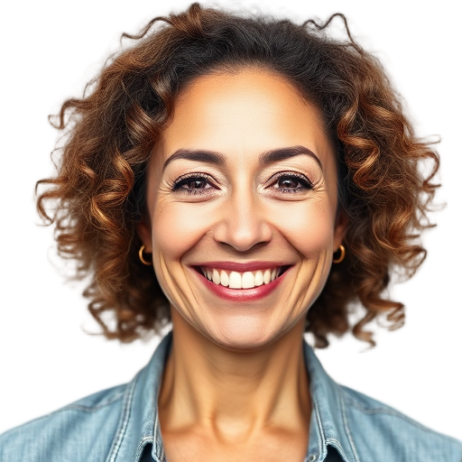 A happy middle-aged woman smiling to the camera with a white background looking like