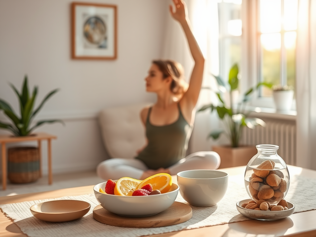"a peaceful morning scene" "woman stretching in sunlight" "healthy breakfast with fruits and nuts" "calm home environment" "gentle pastel colors" "elements symbolizing balance and vitality"