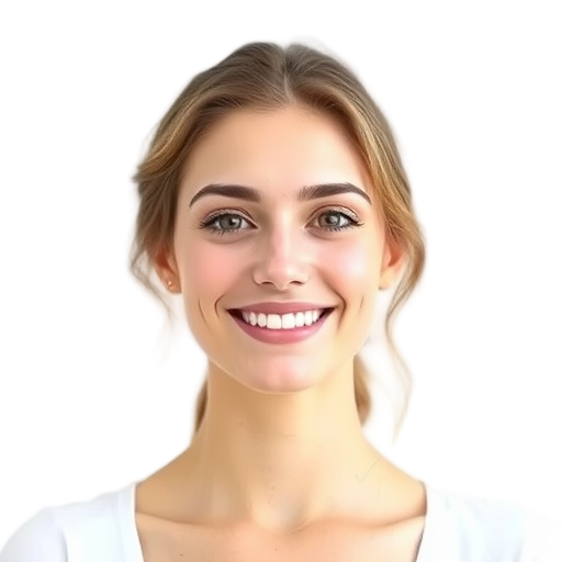 A smiling woman with natural makeup and relaxed expression, "soft lighting," "clean white background," "calm, peaceful vibe."