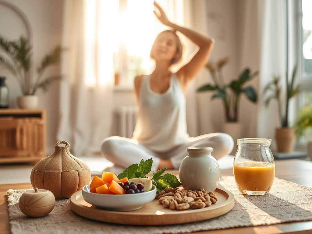 "a peaceful morning scene" "woman stretching in sunlight" "healthy breakfast with fruits and nuts" "calm home environment" "gentle pastel colors" "elements symbolizing balance and vitality"