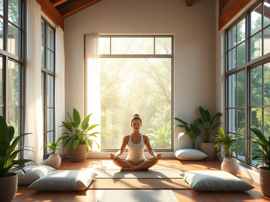 "serene natural living space" with "bright sunlight streaming through large windows," "fresh green plants," "soft cushions on wooden floor," "gentle yoga poses outdoors," and "calm energy flowing as glowing light streams around a meditating person."