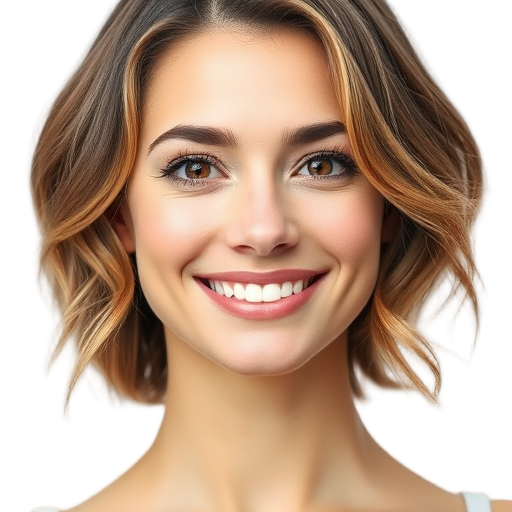 A smiling woman with calm eyes, natural makeup, short wavy hair, soft lighting, white background, radiating peaceful energy and balance.