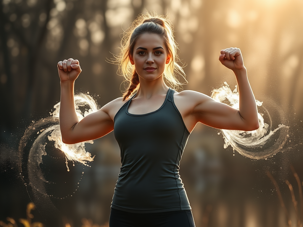 "a strong woman standing confidently outdoors" "morning sunlight casting soft warm light" "elements representing cold training like ice or frost" "symbols of breath and energy swirling around her" "calm natural background with trees and water" "sense of b