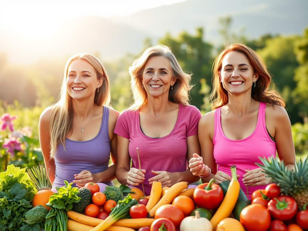 "three vibrant women" "engaged in healthy activities" "surrounded by fresh fruits and vegetables" "peaceful nature background" "glowing sunlight" "calm expressions" "symbols of balance and energy"