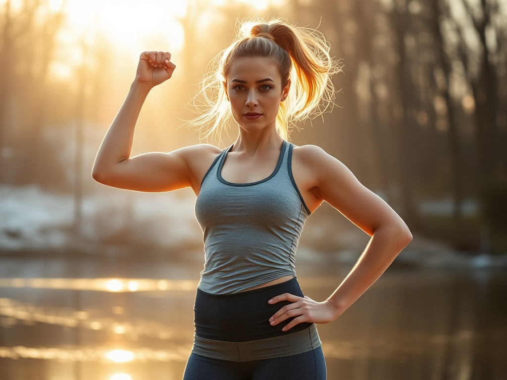 "a strong woman standing confidently outdoors" "morning sunlight casting soft warm light" "elements representing cold training like ice or frost" "symbols of breath and energy swirling around her" "calm natural background with trees and water" "sense of b