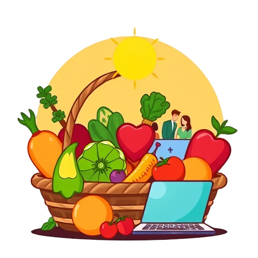 "Fresh vegetables" "Fruits basket" "Sun shining" "Healthy heart" "Open book" "Laptop screen" "People chatting"