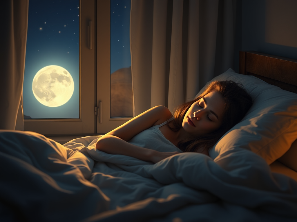 "peaceful woman sleeping" "soft glowing moonlight through window" "calm bedroom with cozy bedding" "gentle night scene with stars"