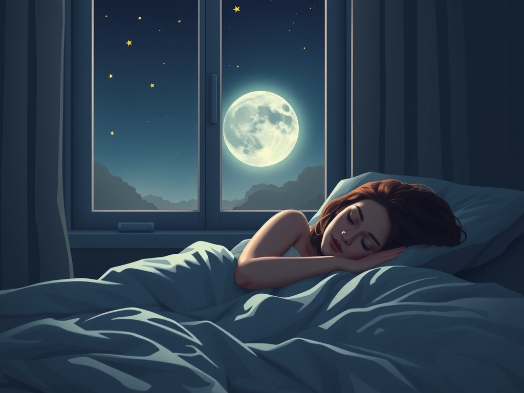 "peaceful woman sleeping" "soft glowing moonlight through window" "calm bedroom with cozy bedding" "gentle night scene with stars"