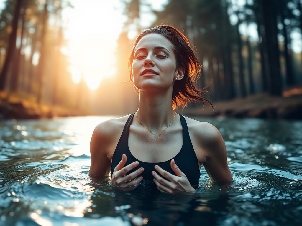 A strong, radiant woman in nature "cold water immersion" "breathing deeply" "morning jogging empty stomach" "serene forest background" "vibrant energy aura" "natural light filtering through trees".