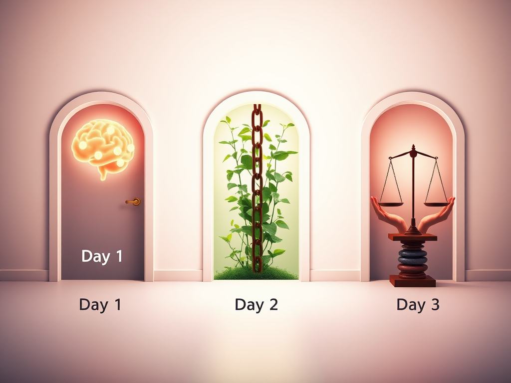 "three symbolic doors labeled Day 1, Day 2, Day 3" "Day 1 shows glowing brain with lightbulbs and calm aura" "Day 2 features breaking chains and growing green plants" "Day 3 depicts hands meditating with flowing energy and balanced scales" "soft pastel co
