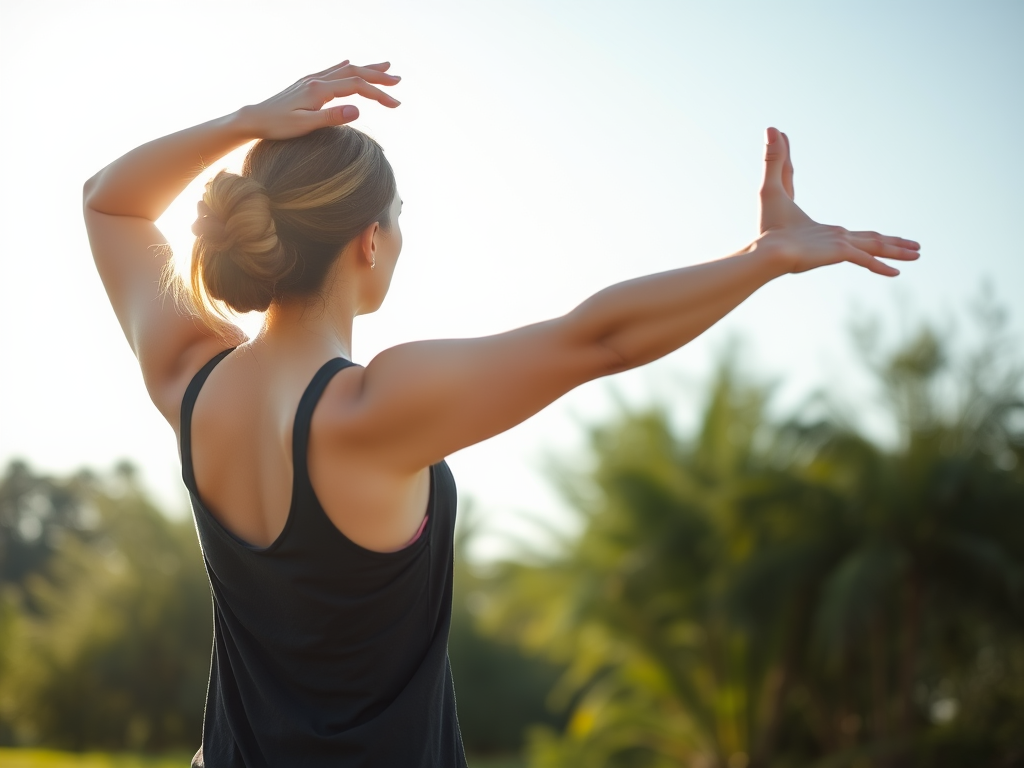 A serene woman in mid-30s practicing gentle stretching outdoors, surrounded by soft sunlight, natural greenery, and a calm blue sky.