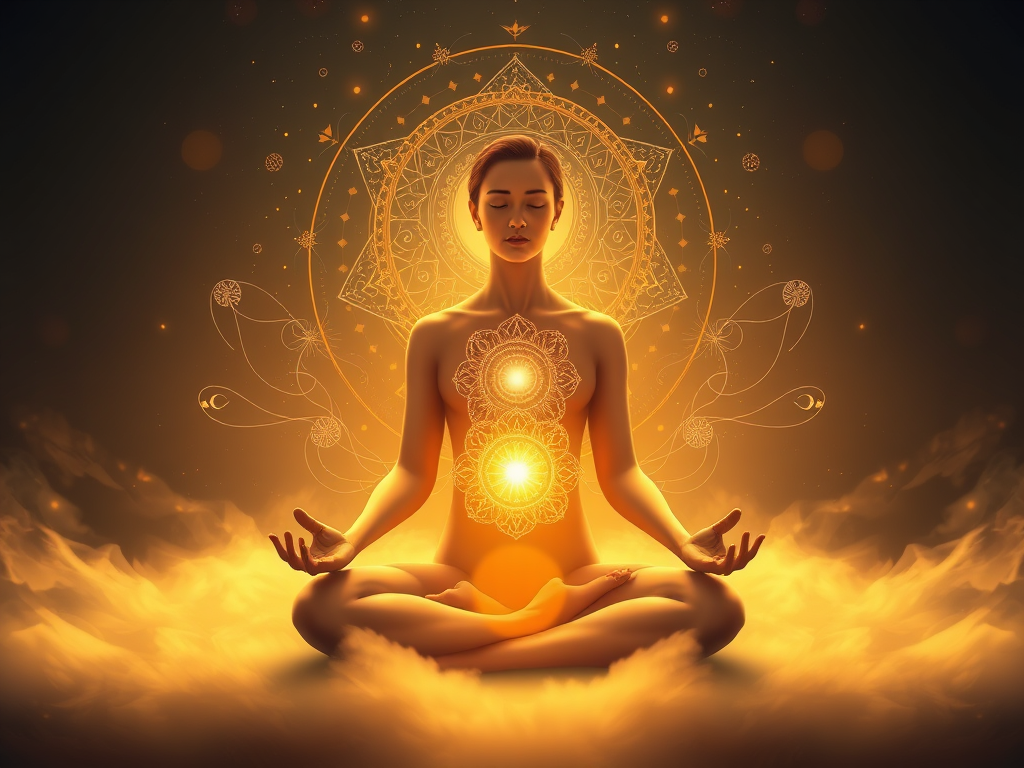 A serene figure meditating "golden light glowing from heart" "mystical symbols swirling" "harmonious blend of body, mind, soul" "modern spiritual ambiance" "nature and cosmic elements intertwined"