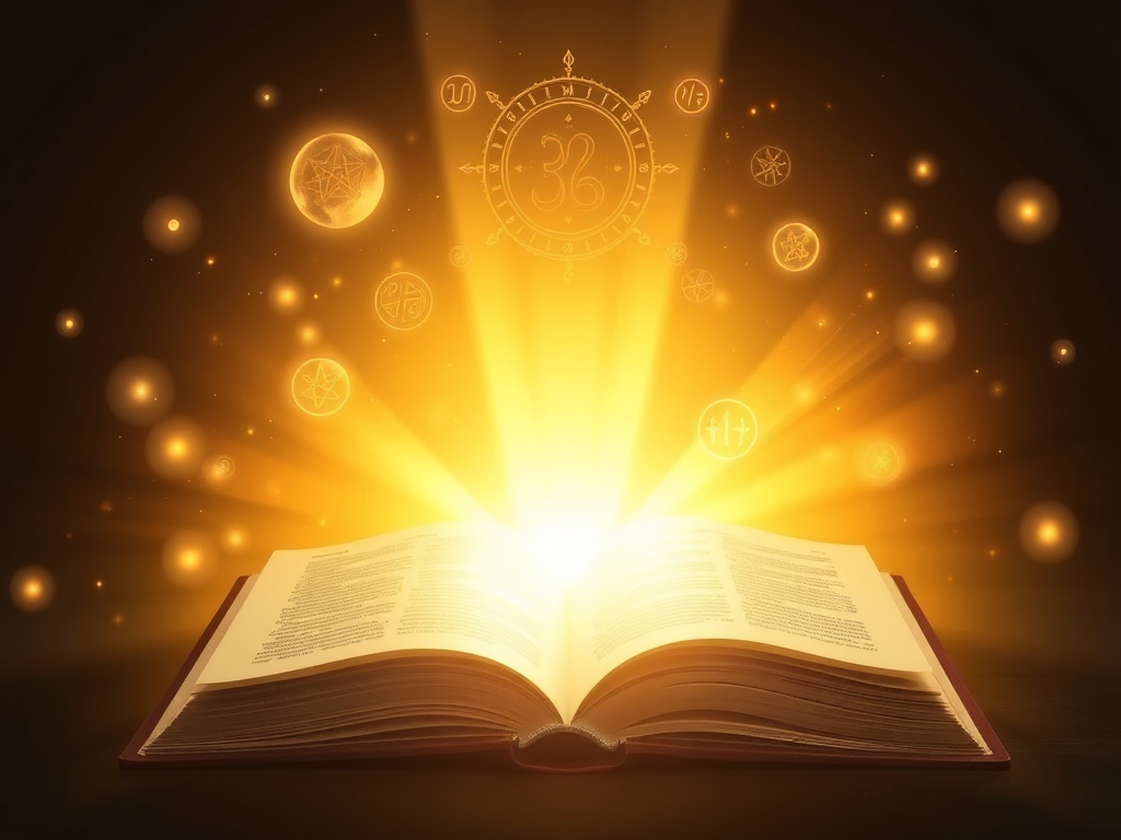 A serene open book glowing softly, surrounded by floating golden light orbs, ancient symbols subtly appearing, with a calm, radiant human silhouette meditating nearby.