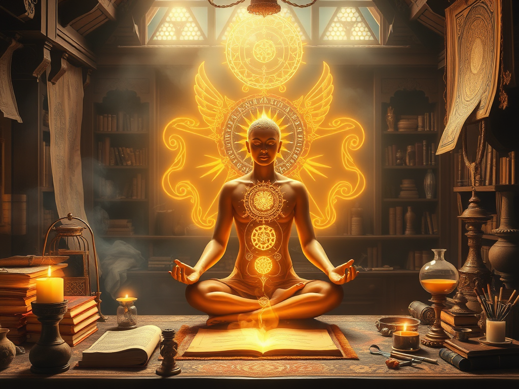 "a mystical alchemist's workspace" "glowing golden light" "ancient books and scrolls" "a person meditating with glowing energy" "symbols of transformation and harmony" "soft ethereal background" "elements representing body, mind, and soul"