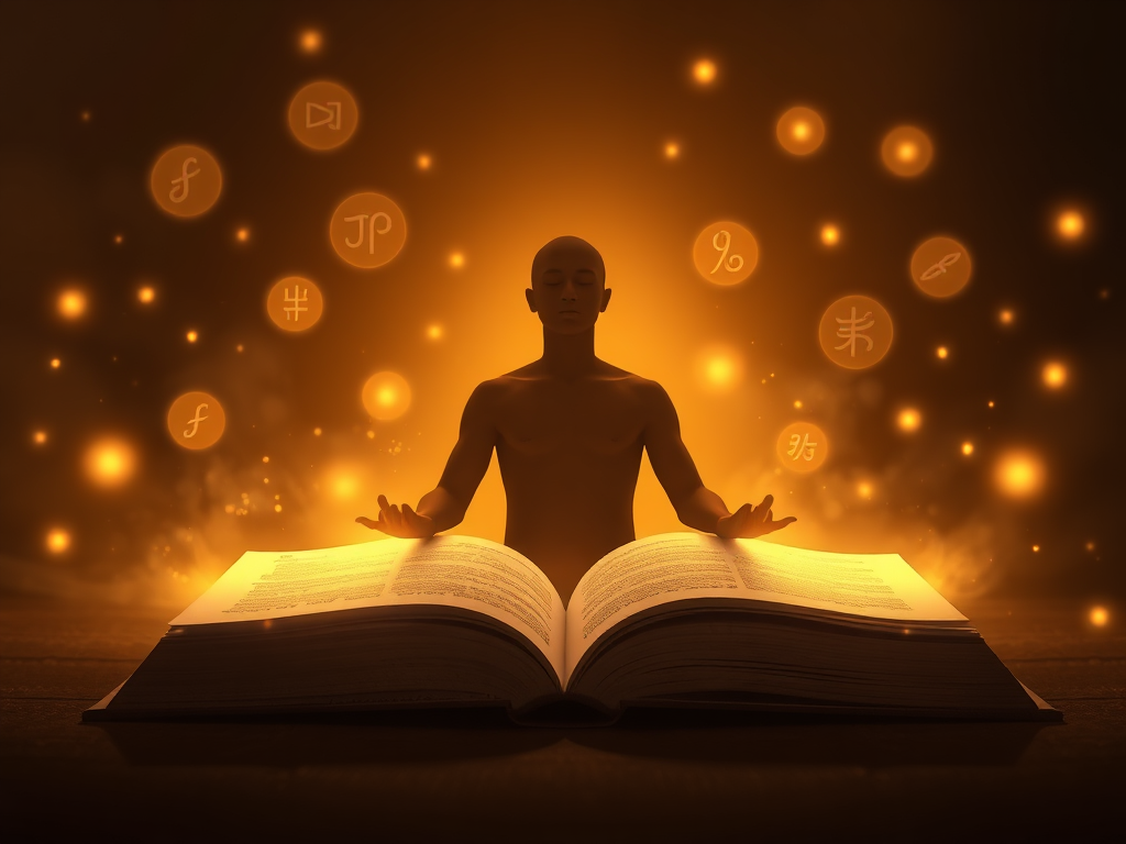 A serene open book glowing softly, surrounded by floating golden light orbs, ancient symbols subtly appearing, with a calm, radiant human silhouette meditating nearby.