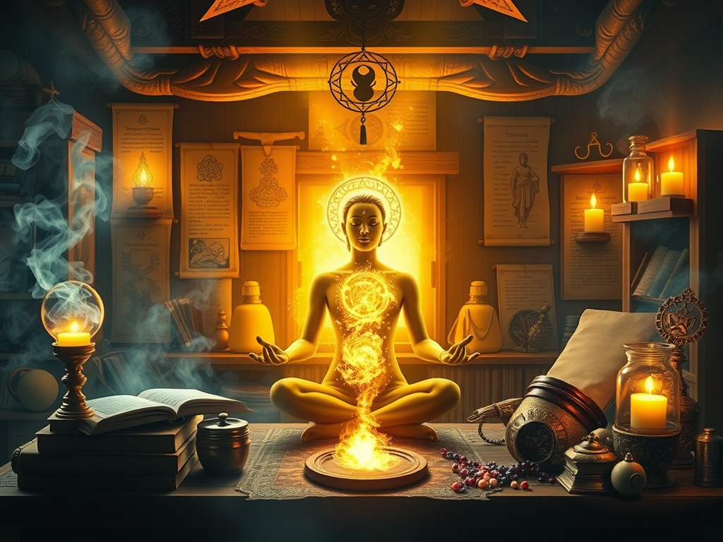 "a mystical alchemist's workspace" "glowing golden light" "ancient books and scrolls" "a person meditating with glowing energy" "symbols of transformation and harmony" "soft ethereal background" "elements representing body, mind, and soul"