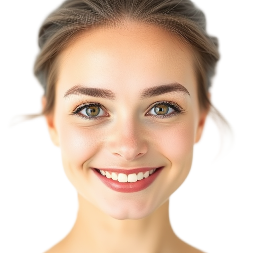 Vrouw met glimlach, witte achtergrond, close-up gezichtsportret.