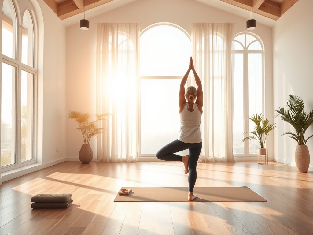 Rustige vrouw in bergpose in lichte yogastudio