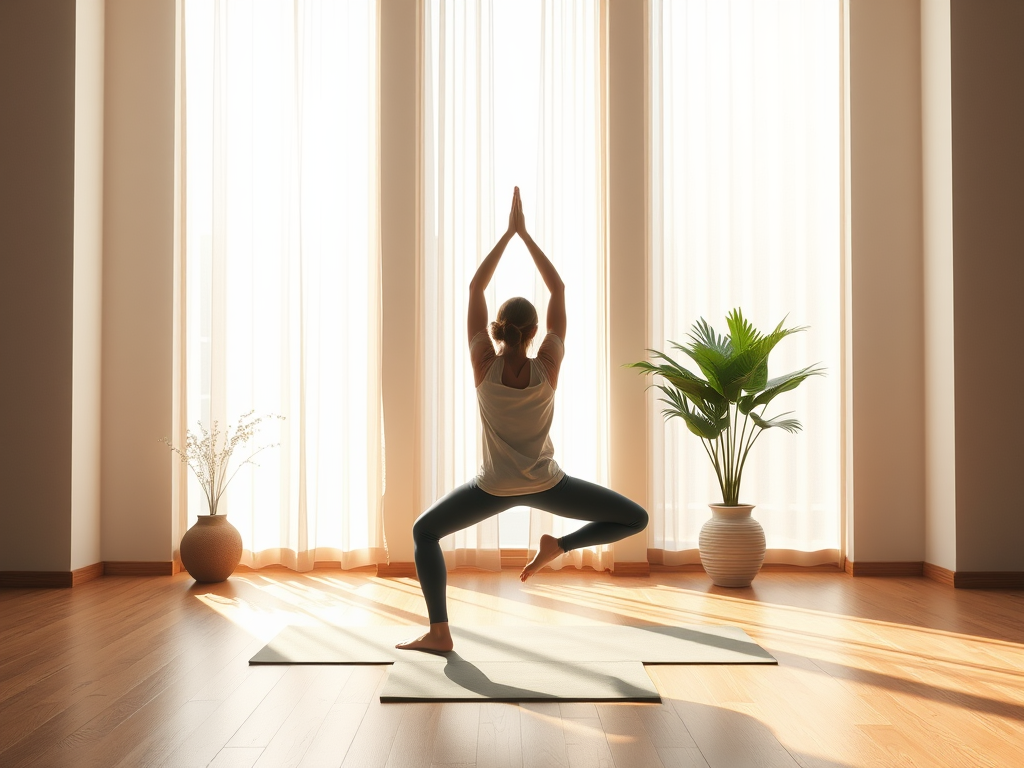 Houding in een rustige yogastudio met natuurlijk licht en planten.