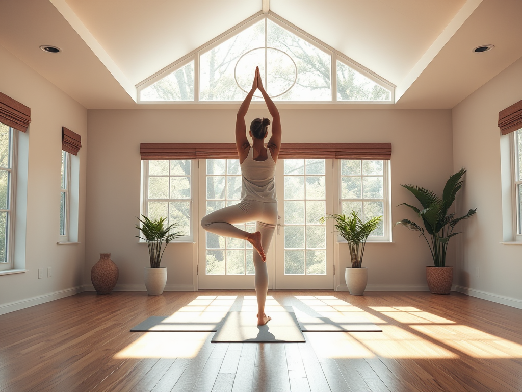 Rustige yogaruimte met persoon in boomhouding, zacht licht en kalme sfeer.