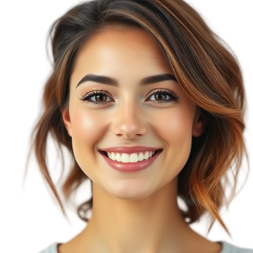 A smiling woman with natural makeup and soft lighting, white background, warm expression, casual hairstyle, exuding calm confidence and balance.