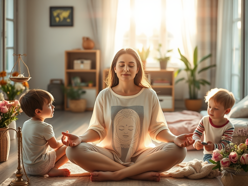 A serene mother meditating "surrounded by soft glowing light" "children playing happily nearby" "a cozy home setting" "symbols of balance like scales and blooming flowers" "gentle morning sunlight filtering through windows".
