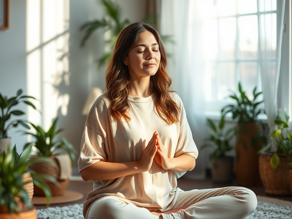 A serene woman meditating "soft natural light" "peaceful home setting" "calm expression" "plants around" "warm cozy colors" "gentle morning atmosphere."