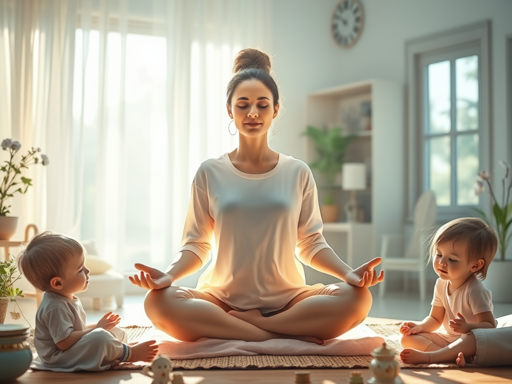 A serene mother meditating "surrounded by soft glowing light" "children playing happily nearby" "a cozy home setting" "symbols of balance like scales and blooming flowers" "gentle morning sunlight filtering through windows".