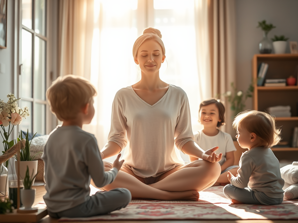 A serene mother meditating "surrounded by soft glowing light" "children playing happily nearby" "a cozy home setting" "symbols of balance like scales and blooming flowers" "gentle morning sunlight filtering through windows".