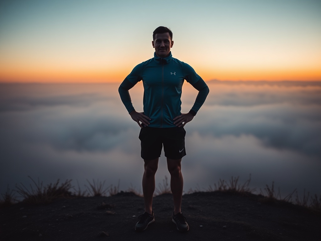 "Athlete standing at sunrise on a misty hilltop" "confident posture, hands on hips, forward gaze" "subtle motion blur implying progress" "minimalist training gear, no logos" "warm golden light, cool blue shadows"