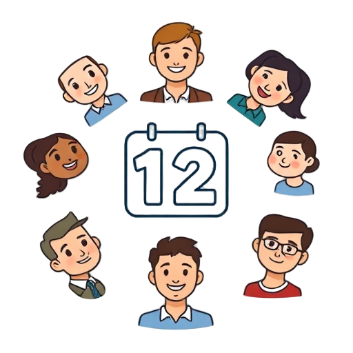 "team of people" "circle of ten" "calendar with 12"