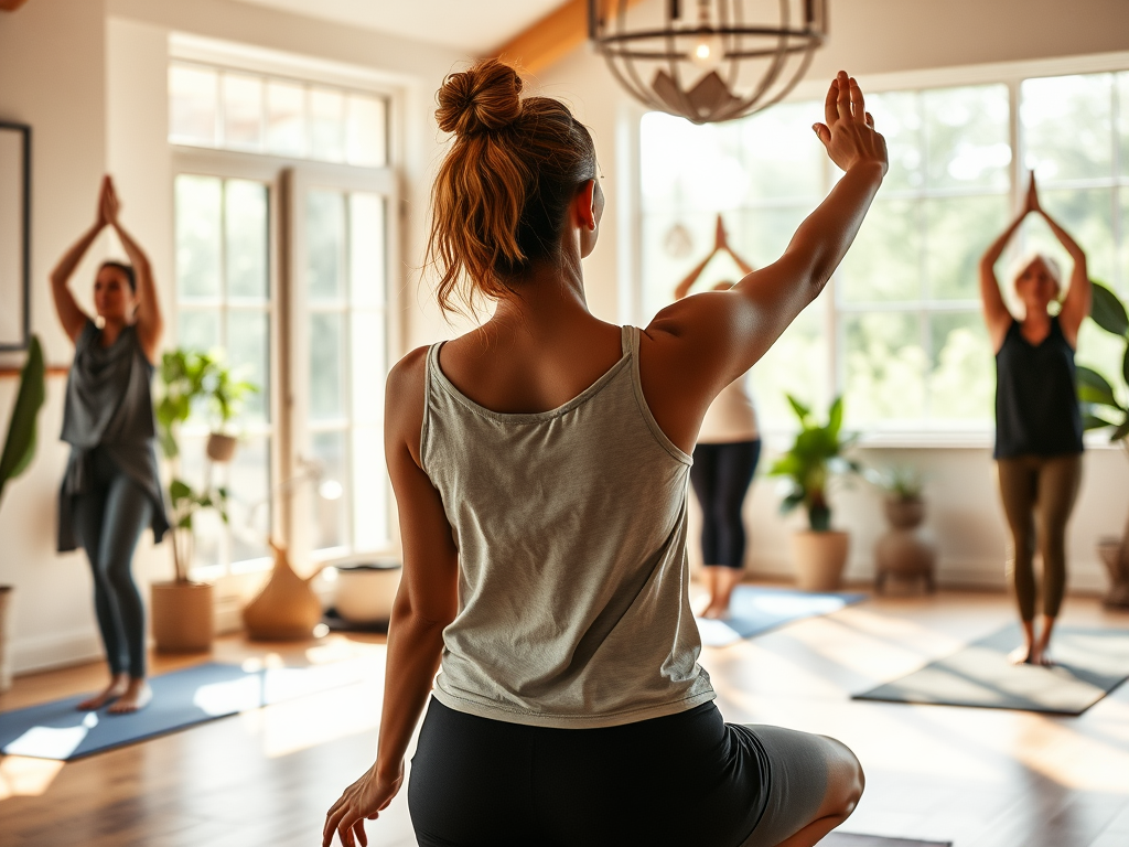 Vrouw mediteert in yoga studio met vrouwen in achtergrond