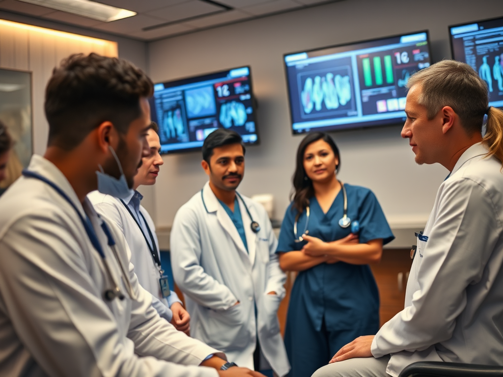 "diverse healthcare professionals" "engaged in deep discussion" "modern hospital conference room" "digital screens displaying medical data" "warm lighting" "collaborative atmosphere"