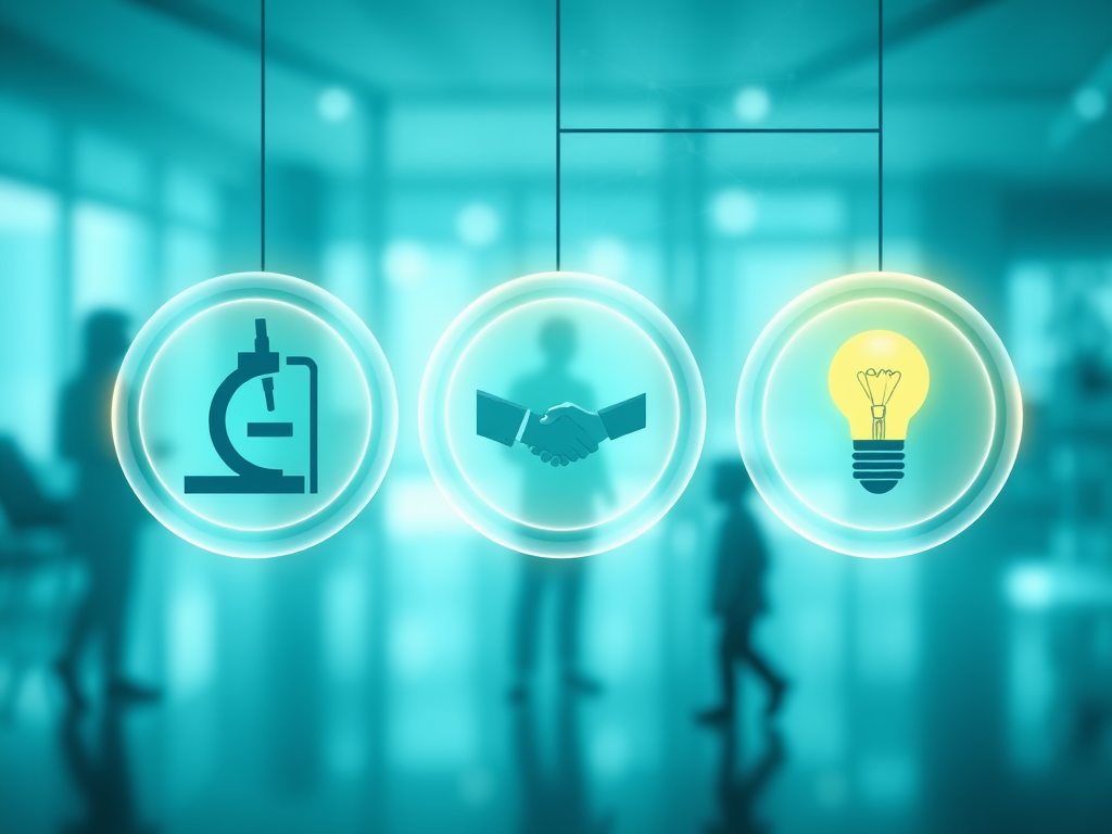 "three interconnected glowing circles" "each containing symbolic icons