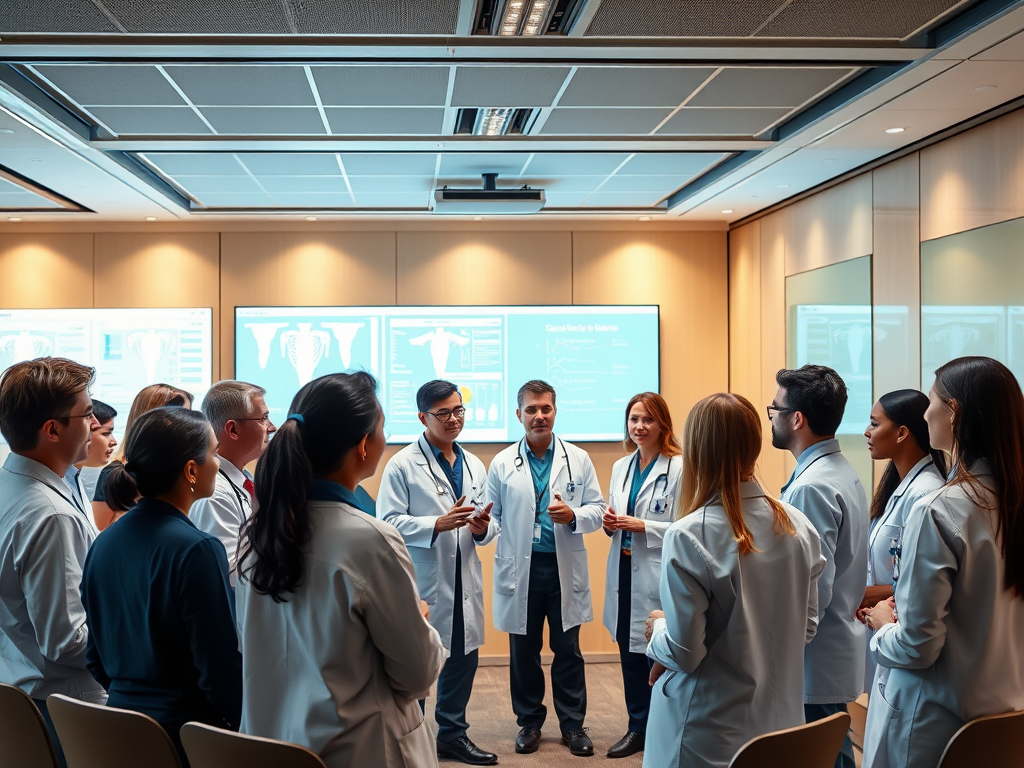 A diverse group of healthcare professionals in a modern conference hall, engaging in discussion, surrounded by medical charts, glowing technology screens, and warm lighting.