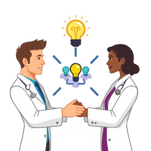 "diverse professionals" "networking circle" "lightbulb innovation" "medical cross" "speech bubbles" "handshake connection"