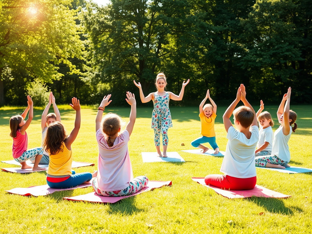 "A peaceful children's yoga class outdoors" "diverse kids in colorful yoga poses" "a calm teacher guiding them" "sunlight filtering through green trees" "soft grassy field with gentle flowers" "warm, inviting atmosphere"