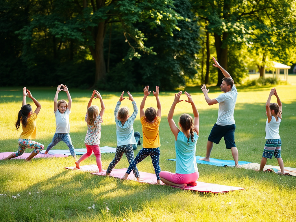 "A peaceful children's yoga class outdoors" "diverse kids in colorful yoga poses" "a calm teacher guiding them" "sunlight filtering through green trees" "soft grassy field with gentle flowers" "warm, inviting atmosphere"