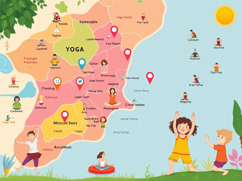 A vibrant, colorful interactive map "highlighting locations" with "child-friendly yoga icons," "diverse happy children practicing yoga outdoors," and a warm, inviting atmosphere.