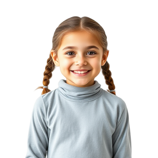 A smiling child yoga teacher with bright eyes and friendly expression, "clean white background," "natural light," "casual comfortable clothing," "warm inviting atmosphere."